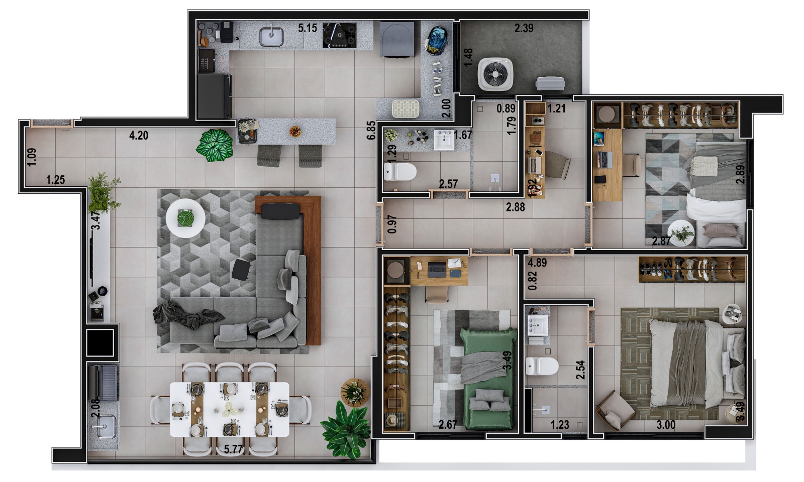 Planta do apartamento 1 suíte de 108 m² — Madrid Casa Elevada